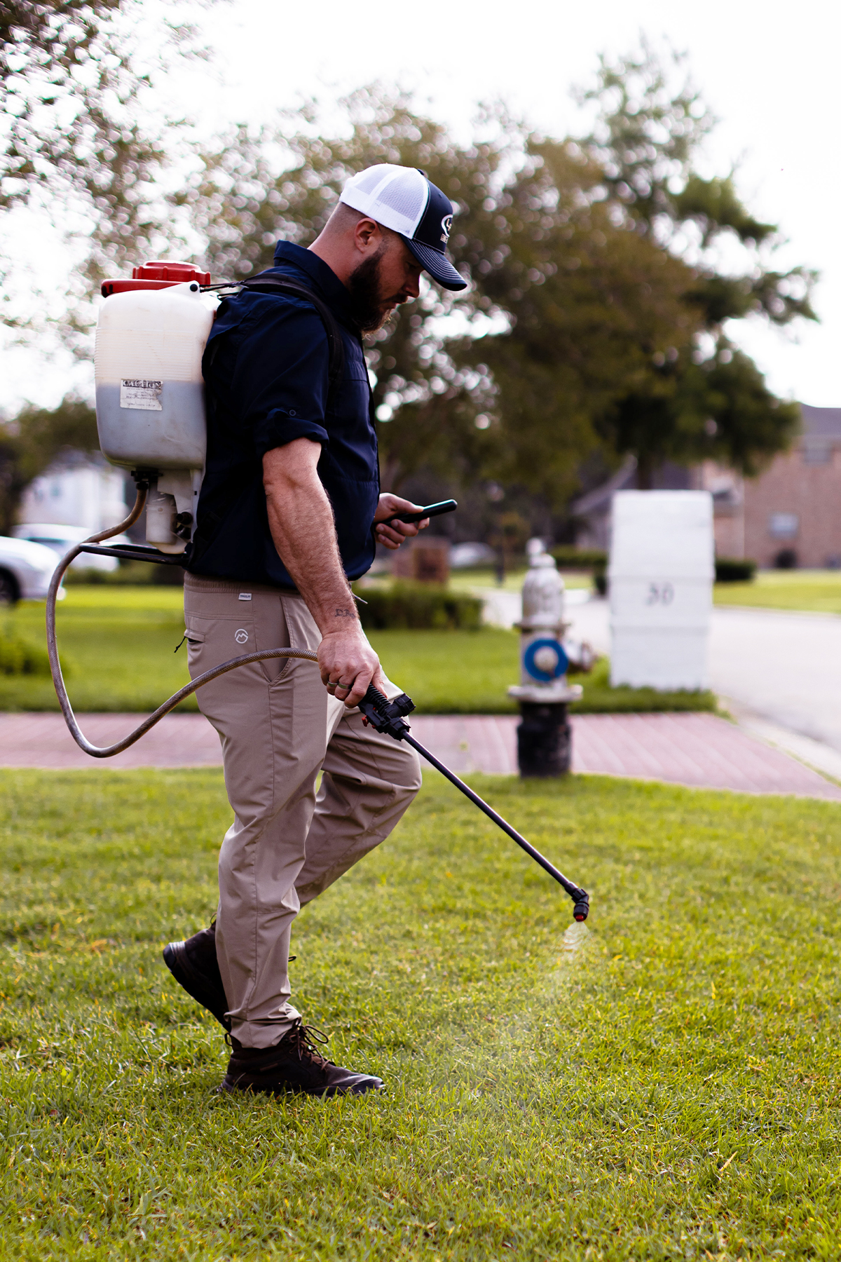 Man spraying chemical solution on lawn